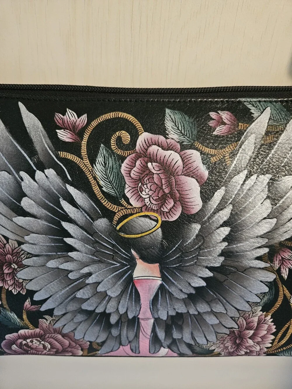 Anuschka Hand Painted Floral Guardian Angel Black and Pink Purse - Picture 2 of 14